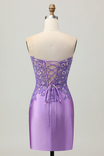 Sparkly Purple Bodycon Strapless Corset Ruched Sequins Short Homecoming Dress